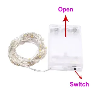 Detailed view of the LED copper wire string light battery box with switch and open guide