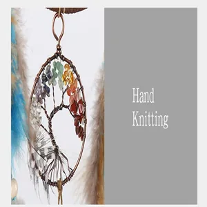 Hand knitted tree of life dreamcatcher with colorful natural stone beads and feathers