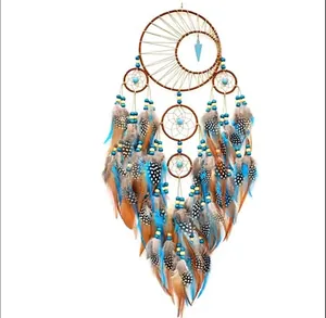 Grande acchiappasogni indiano fatto a mano con piume blu e design della luna