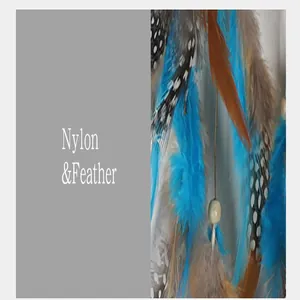 Macro detail of vintage Indian style dreamcatcher featuring blue and brown feathers