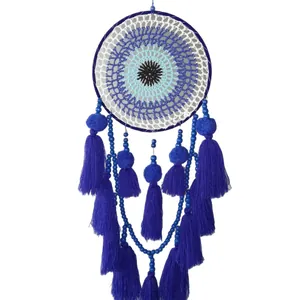 Blue Evil Eye dreamcatcher with tassels and beads for wall hanging home decoration