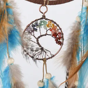 Tree of Life dreamcatcher hanging ornament with colorful stones and blue feathers