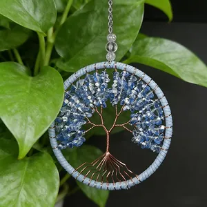 Detail of blue crystal Tree of Life dreamcatcher car hanging ornament for rearview mirror.