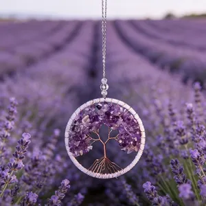 Exquisite amethyst crystal Tree of Life dreamcatcher car pendant hanging in a lavender field