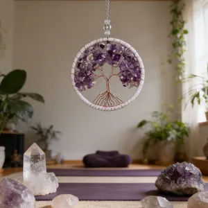 Amethyst tree of life dreamcatcher hanging ornament in a zen meditation room setting
