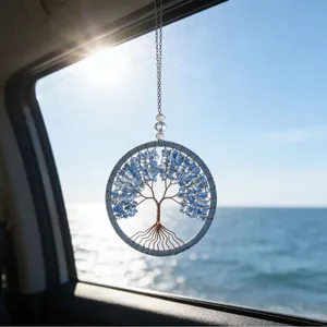 Tree Of Life Crystal Dream Catcher Car Hanging Ornament Natural Stone Woven Rearview Mirror Pendant Interior Decoration