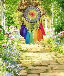 Vue rapprochée d'un attrape-rêves fait main aux couleurs de l'arc-en-ciel avec plumes