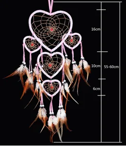 Heart-shaped five-ring dreamcatcher with pink borders and feathers, dimensions displayed