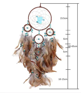 Detail view of brown feather dreamcatcher with dimensions and turquoise beads.