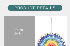 Detailansicht eines großen Regenbogen-Häkel-Traumfängers mit einem Rahmen aus Rattan
