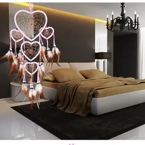 Handmade pink heart-shaped five-ring dreamcatcher with natural feathers for home wall decor