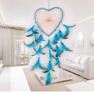 Handmade blue heart-shaped dreamcatcher with feathers for home wall hanging decor