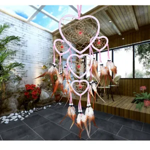 Pink heart-shaped five-ring dreamcatcher with natural feathers for home wall decoration