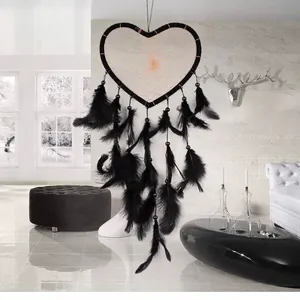 Heart-shaped black dreamcatcher with feathers for wall hanging home and wedding decor