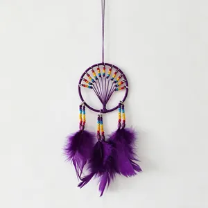 Macro detail of a purple dreamcatcher hanging decoration with colorful beads and feathers