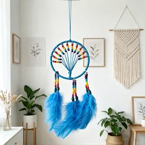 Handmade blue bohemian dreamcatcher with colorful beads and feathers for nursery wall decor