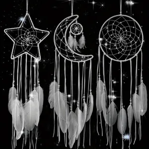 Attrape-Rêves Boho à Plumes Blanches Décoration Murale Étoile Lune Ronde Fait Main Tissé Ornement pour Chambre à Coucher