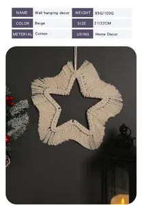 Decoración de pared de macramé en forma de estrella de algodón beige con flecos decorativos