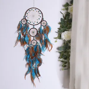 Grote vintage dromenvanger met vijf ringen en blauwe veren voor huis wanddecoratie