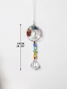 7 Chakra stone tree of life dreamcatcher with crystal prism pendant, 16cm