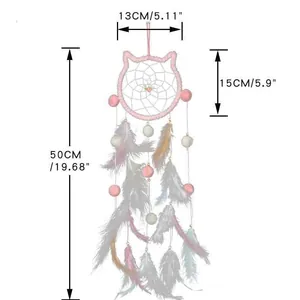 Atrapasueños con forma de gato, pompones rosas y plumas, decoración de pared