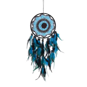 Acchiappasogni Evil Eye fatto a mano, decorazione da parete con piume turchesi per camera