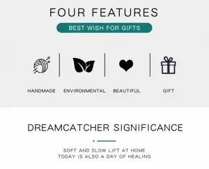 Minimalist infographic explaining features of a Bohemian handmade dreamcatcher wall hanging.