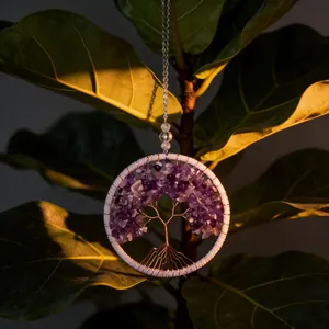 Handmade crystal Tree of Life dream catcher car hanging ornament with amethyst chips.