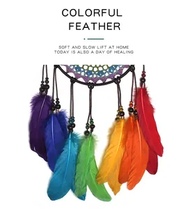 Détail des plumes colorées arc-en-ciel sur un attrape-rêves artisanal suspendu au mur