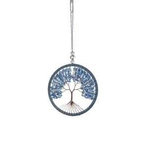 Elegant Tree of Life car hanging ornament featuring blue crystals and silver wire design