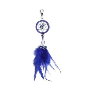 Portachiavi acchiappasogni blu fatto a mano con perline malocchio e piume blu decorativo