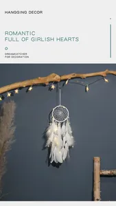 Atrapasueños blanco con plumas y luces LED colgado de una rama de madera rústica natural