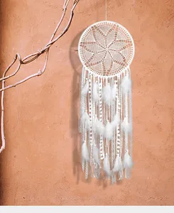 Detailed view of a white handmade lace dreamcatcher with soft feathers on clay wall