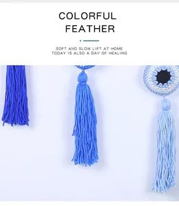 Detail showing the intricate handmade crochet texture and blue tassels of Evil Eye hanging