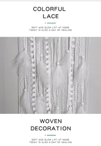 Detailed view of handmade white lace and soft feather dreamcatcher for wall decoration