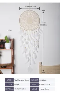 Detaillierte Ansicht eines großen Boho-Traumfängers mit Maßen und technischen Daten