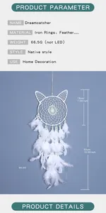 Handgemaakte witte dromenvanger in kattenvorm met veren voor wanddecoratie, 50 cm