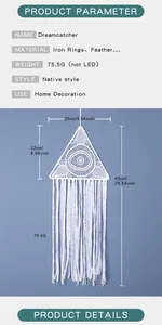 Detailed dimension chart of white triangular hand-woven dreamcatcher with tassels