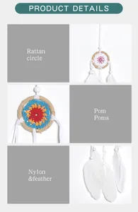 Detailed macro view of dream catcher showing rattan circle, pom poms and white feathers