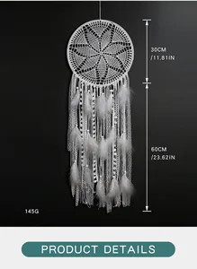White crochet dreamcatcher detail with 30cm diameter ring and 60cm feather tassels