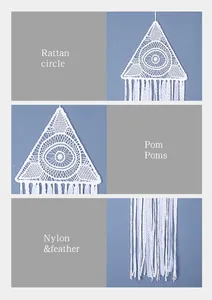 Detailed close-up view of a white handmade triangular macrame dreamcatcher with tassels