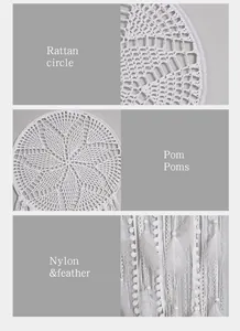 Detailed view of white dreamcatcher with rattan circle, pom poms and feathers.