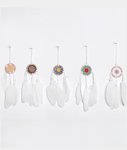 Set of five mini flower heart dreamcatcher pendants with white feathers for car or wall