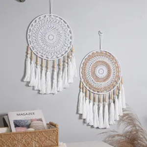 Acchiappasogni Boho Tessuto a Mano in Cotone Decorazione da Parete Con Perline di Legno Piume per Camera da Letto Soggiorno Ornamento