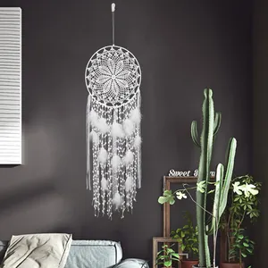 Ins Style White Dream Catcher Wall Hanging Decor Handmade Crochet Lace Feather Iron Ring Bohemian Wedding Home Decoration Gift
