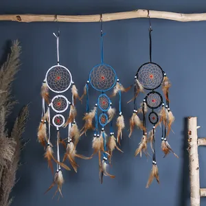 Atrapasueños de Tres Aros Hecho a Mano con Plumas Naturales Cuentas Estilo Bohemio Adorno Colgante para Hogar Dormitorio