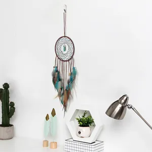 Handmade turquoise bead dreamcatcher with teal and brown feathers boho wall hanging decor