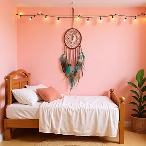 Large turquoise dreamcatcher with teal feathers for aesthetic bedroom wall hanging decor