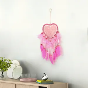 Pink heart-shaped dreamcatcher with feathers for romantic bedroom wall hanging decoration