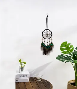 Attrape-rêves fait main en plumes de paon accroché au mur blanc pour la déco
